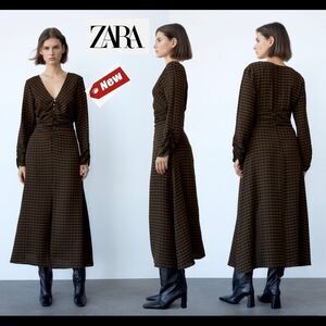 Zara Black brown check draped long sleeve V-neck dress Sz XS NWT New with tag